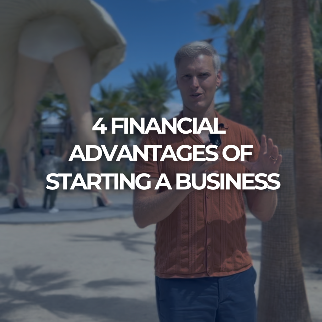 Business advisor speaking outdoors with text, “4 Financial Advantages of Starting a Business”